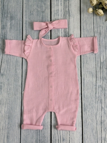 Купить оптом 336-Р. Комбинезон с повязкой для девочки из муслина, хлопок 100%, размеры 56,62,68, розовый во Владивостоке